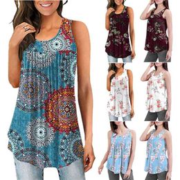 Bohemian Ethnic Print Ruched O-neck Sleeveless Vest Loose Summer Tank Tops for Women Casual Vintage Floral Plus Size 210604