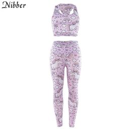 Nibber spring cartoon unicorn printing Sportswear2two pieces sets women fashion Street Casual Activity camisole Jogging leggings X0428