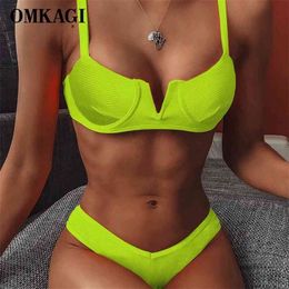 OMKAGI Swimwear Women Underwire Bikini Bathing Suit Low Waist Solid Swimsuit High Cut Bikinis Mujer Push Up 210621