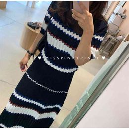 Summer South Korea temperament bump Colour wave grain ice silk knitting dress choli skirts two-piece outfit 210520