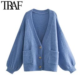 TRAF Women Fashion With Pockets Oversized Knitted Cardigan Sweater Vintage Long Sleeve Female Outerwear Chic Tops 210415