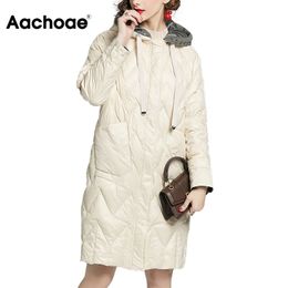 Aachoae Winter Women Long Hooded Coat Thicken Warm White Duck Down Jacket Female Long Sleeve Casual Puffer Jacket Doudoune 210413