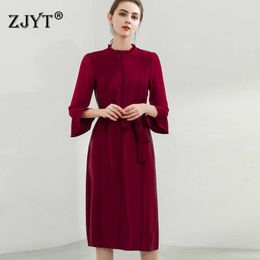 Elegant Office Lady Flare Sleeve High Quality 100% Acetate Dress Women Fashion Spring Robe Solid Party Prom Vestidos 210601