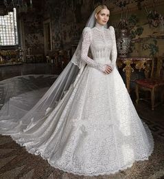 Modest Victoria A Line Abiti da sposa Abiti da sposa Maniche lunghe Collo alto Vintage Full Lace Robe De Soir￩e De Mariage