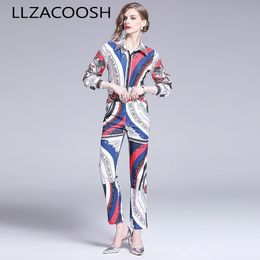 Fashion Designer Runway Suit Set Spring Women Long Sleeve Stripe Letter Print Shirt Top+Ankle-Length Pant Suit 2 Piece Set 210514