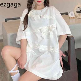 Ezgaga Irregular Ribbon Bow Summer New Women T Shirts Short Sleeve Solid Korean Fashion O-Neck Oversized Streetwear Tshirts 210430