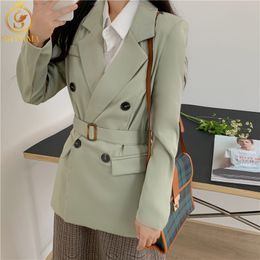 Office Ladies Notched Collar Women Tie Up Double Breasted Autumn Jacket Casual Pockets Female Suits Coat 210520