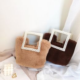 Pearls square Handle Fluffy Bag Soft Cute Totes Women's Handbags Faux Rabbit fur Shoulder Bags sweet lady style handbag dress Purse