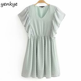 Summer Dress Women Vintage Green Dotted V Neck Butterfly Sleeve Elegant Lady Holiday Casual Short vestido 210514