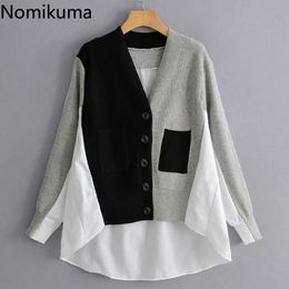 Nomikuma Contrast Colour Knitted Patchwork Cardigan Women V Neck Long Sleeve Casual Loose Sweater Single Breasted Knitwear 3d301 210514