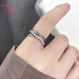 Jea.Angel 925 Silver Fashion Multilayer Round Dots Chain Cross Vintage Ring Thin Geometric Finger Ring For Women Men Jewelry G1125