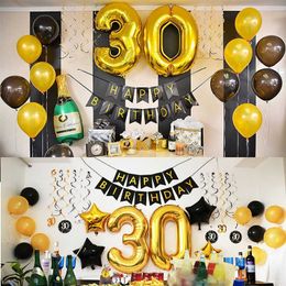 30 40 50th black golden themed birthday party balloon backdrops adult anniversary party number ballons banner 40 year old decor Y0730