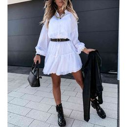Women Mesh Ruffles Lace Loose Dress Spring Puff Sleeve White Ladies Casual Stand Collar Buttons A-Line Dress Vestidos 210416