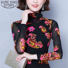 Autumn Korean Casual Tops Long Sleeve Turtleneck Mesh Slim Elegant Blouses Printed Women Clothing 6119 50 210415