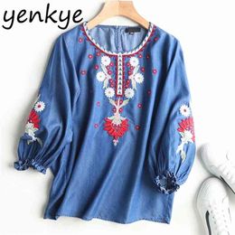 Floral Embroidered Denim Blouse Women Lantern Sleeve Round Neck Casual Summer Plus Size Tops APWM540 210514