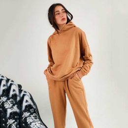 2020 Women Hoodie 2 piece Set Autumn Winter Solid Oversized Hooded Sweatshirt Casual Two Piece Long Pants Tracksuit Suit for Spo Y0625
