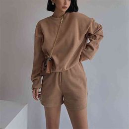 Women High Quality Hoodies Tracksuits 2 Piece Set Summer Autumn Sweatshirt + Sporting Shorts Outfit Solid Pants Suit 210727