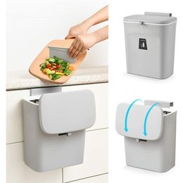 9L Hanging Trash Can for Kitchen Cabinet Door with Lid Small Under Sink Garbage Bin Wall Mounted Counter Waste Compost Bins 210827