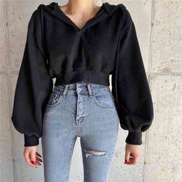 Casual Solid Pullovers Black Cropped Women's Hoodies Autumn Winter Harajuku Long Sleeve Female Sweatshirt Gothic Jacket Top 210809