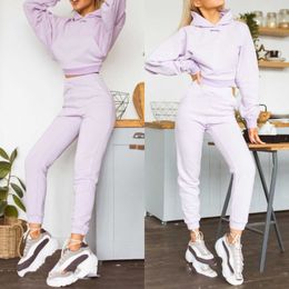 Women Sexy Sets Suit Cropped Hoodie+high Waist Pants Sexy Set Solid Color Long Sleeved Tracksuits Slim Crop Trousers Sports Suit Y0625