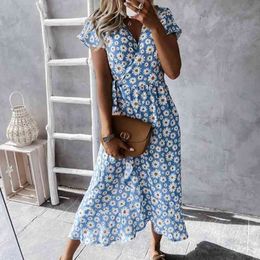 Boho Floral Print Dress Summer Short Sleeve V-neck Bandage Green Midi Dresses For Women Clothes Fashion Beach Midi Dresses 210521