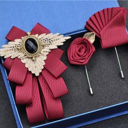 Bow Ties Men Luxury Tie Casual Multilayer Bowtie Fashion Brooch Rhinestone Set For Wedding Groom Groomsmen Pocket Square