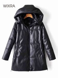 Wixra Solid PU Leather Cotton Jacket Hooded Women's Fashion Leather Long Coats Ladies Waterproof Thick Jackets Female Winter 211118