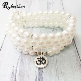 pearl mala UK - Ruberthen Fashion Women`s 108 Mala Bracelet High Quality Pearl Ohm Lotus Yoga Charm Healing Protection Balance Beaded, Strands