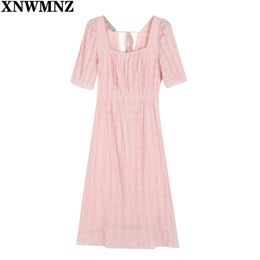 Summer dress Women Cute Pink Ruched Dress France Backless Tie Bandage Vestido Fashion Short Sleeve Midi robe 210520