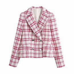 Stylish Plaid Striped Bouble Breasted Women Tweed Blazer Jacket Vintage Office Lady Chic Jacket Coats Fashion Tops 210521
