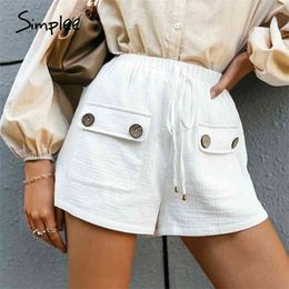 Cotton High-waist Straight-leg Shorts Casual Pocket Button Summer Female Elegant White loose office lady shorts 210724