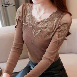 Mesh Lace Blouse Women Shirt Tops Long Sleeve OL plus size Solid Pullover Clothes Camisas Mujer 6908 50 210508