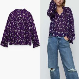 Za Vintage Floral Print Purple Blouse Women Ruffle Long Sleeve Office Lady Shirts Woman Chic Front Button Loose Top 210602