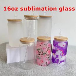 Wholesale! 16oz Sublimation Clear Frosted Beer Glasses With Lids&PLASTIC Straws 500ml White Blank Water Bottles DIY Heat Transfer Wine Tumblers WLL1256