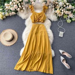 Summer Women's Suit Korean Version of The Lotus Leaf Sling Pure Colour Sleeveless Short Wild Woman Two-piece GX056 210507
