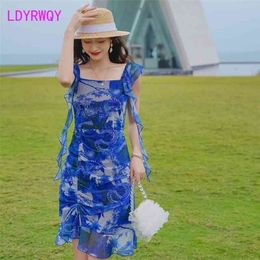 LDYRWQY summer Korean version retro flounces print square collar slim fashion sexy dress Office Lady Polyester 210416