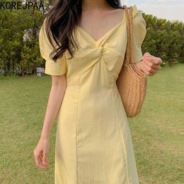 Korejpaa Women Dress Summer Korean Temperament Gentle Square Neck Twist Design Belt Waist Slimming Puff Sleeve Vestidos 210526