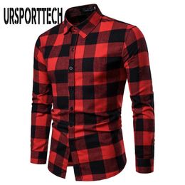 URSPORTTECH Red Black Plaid Shirt Men Spring Autumn Men's Brand Casual Long-sleeved Shirt Slim Fit Soft Comfortable Men's Shirts 210528
