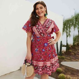 Jastie Spring Summer Floral Print Wrap Dress Plus Size Clothing for Women Mini Dresses Boho Loose Casual Beach Short Dress 210419