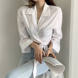 Korean Lady Arrival Solid All Match Stylish Women Shirts Streetwear High Quality Spring Tops Loose Lace-Up Clothe 210421