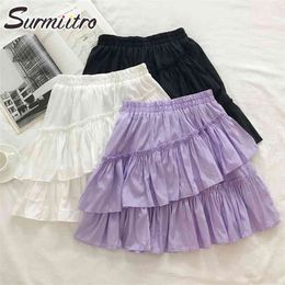 Mini Summer Skirt Women Korean Elegant Purple White Black Ruffle High Waist Sun School Pleated Female 210421