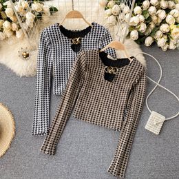 SINGREINY Women Korean Houndstooth Blouse Spring Hollow Out O Neck Long Sleeve Short Tops New Style Slim All-match Blouses 210419