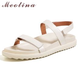 Meotina Shoes Women Genuine Leather Sandals Narrow Band Flat Sandals Square Toe Cow Leather Ladies Footwear Summer Black 210608