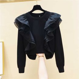 Mesh Patchwork Ruffled O Neck Pullover Solid Sweatshirt Women's Autumn and Winter Korean Loose Top 210615