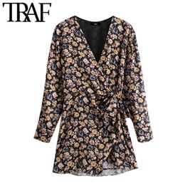 TRAF Women Chic Fashion Floral Print Tie Sashes Playsuits Vintage Long Sleeve With Inner Zip Female Jumpsuits Mujer 210415