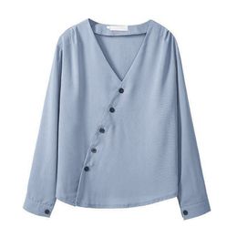 Women Blue White V-neck Button Long Sleeve Loose Blouse Solid Shirt Spring Summer B0504 210514