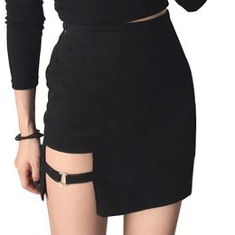 Women Summer Cotton Sexy Mini Pencil Skirt Lady High Waisted Hollow Out Asymmetric Solid Colour Metal Ring Deco Package Hip Skirt X0428