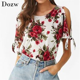Summer Casual T Shirt Women Sexy Off Shoulder Floral Print T Shirt Elegant Short Sleeves Tunic Bow Tops Tees Camisas Mujer 210414