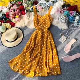 Retro Women Party Dress Summer Kleid Sexy V Neck Dot Print Backless Bandage Bodycon Elegant Ladies Yellow Robe 210525