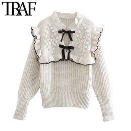 TRAF Women Fashion With Bow Tie Patchwork Knitted Sweater Vintage Long Sleeve Ruffle Trims Female Pullovers Chic Tops 210415